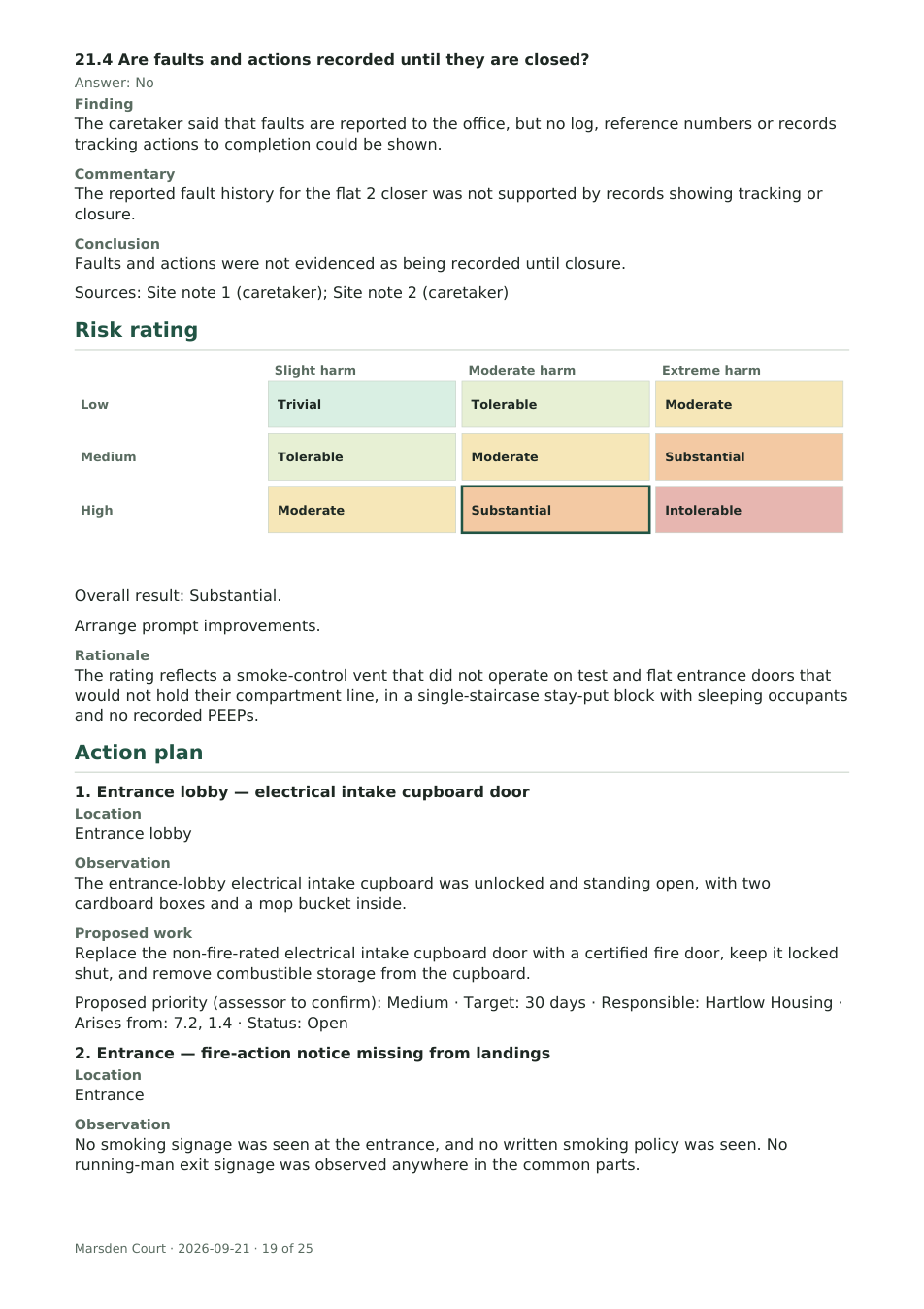 Action-plan page from the same FRAwrite example report for Marsden Court, showing the risk rating and proposed work for the assessor to set priorities and timeframes.